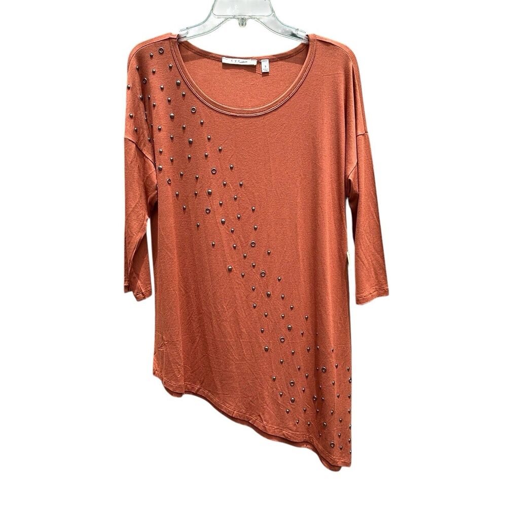 NEW Cyrus Asymmetrical Hem Studded 3/4 Sleeve Rust Color Blouse Top-Size Small